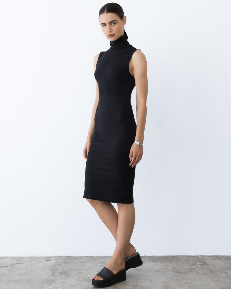 Women's Turtleneck Midi Dress, Stretch Fabric, Day to Night Versatile, Machine Washable, Black, Size L, Deep Pockets, Flattering Fit, Ripley Rader