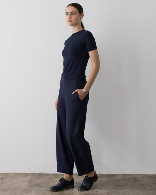 Navy Ponte Knit Barrel Pant