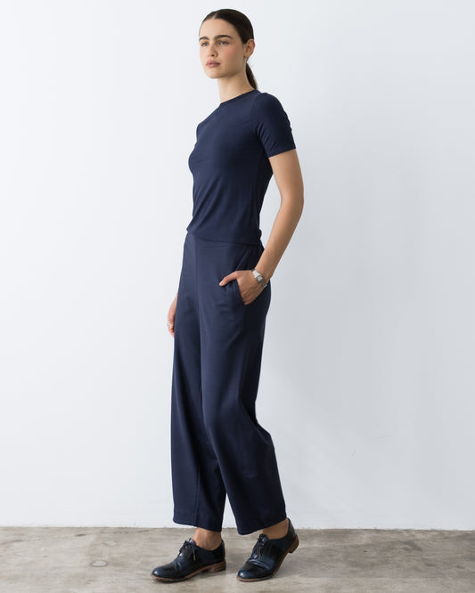 Navy Ponte Knit Barrel Pant