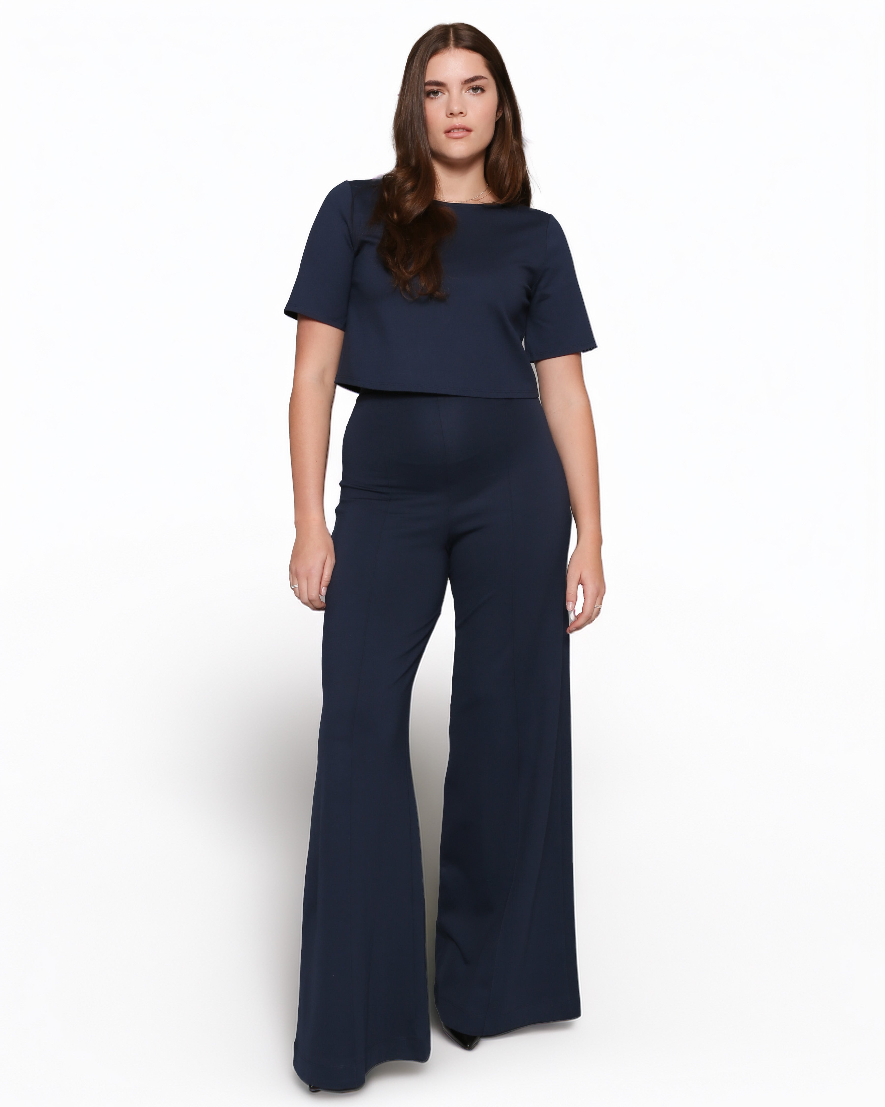 Navy Ponte Knit Long Wide Leg Pant