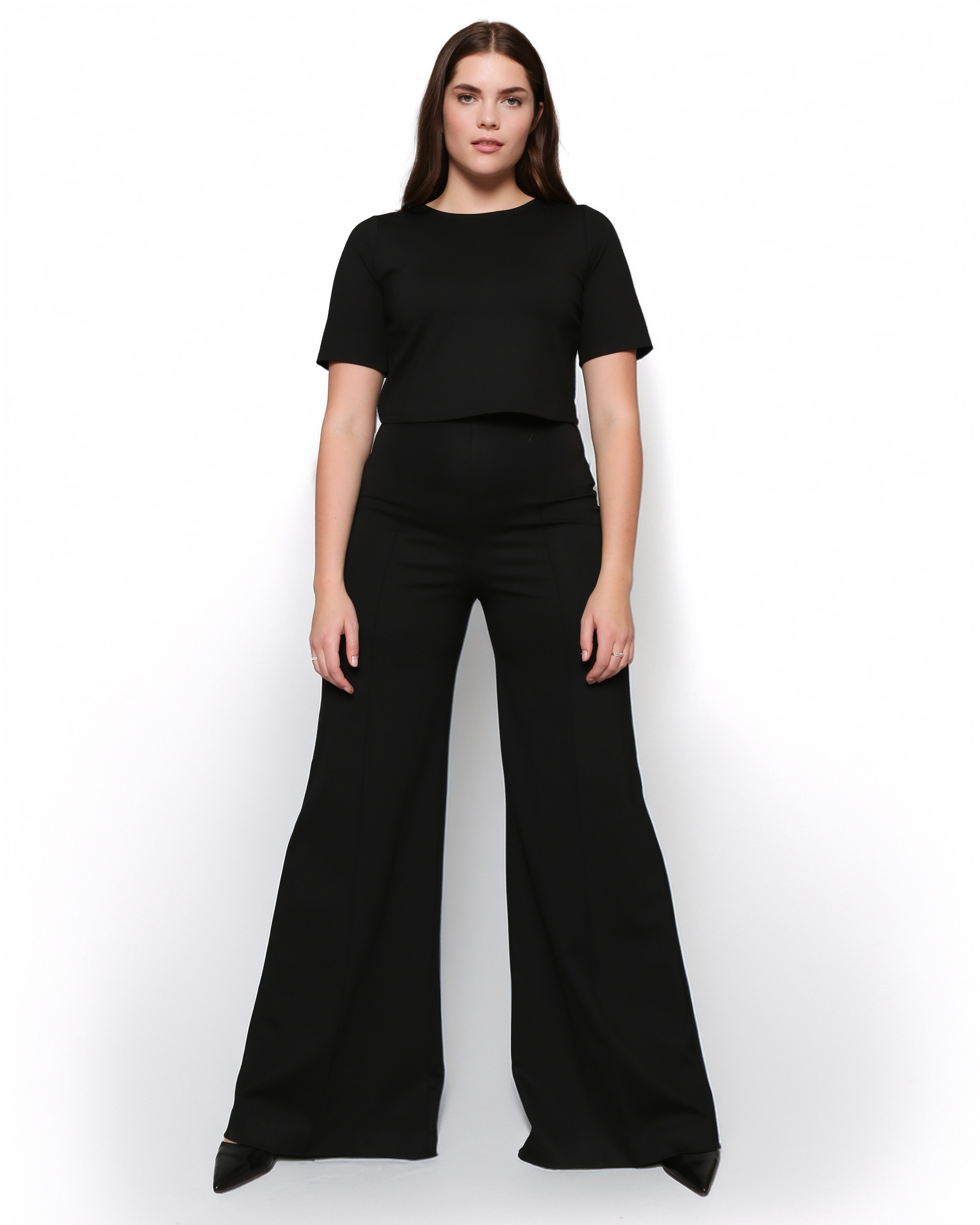 Black Ponte Knit Long Wide Leg Pant