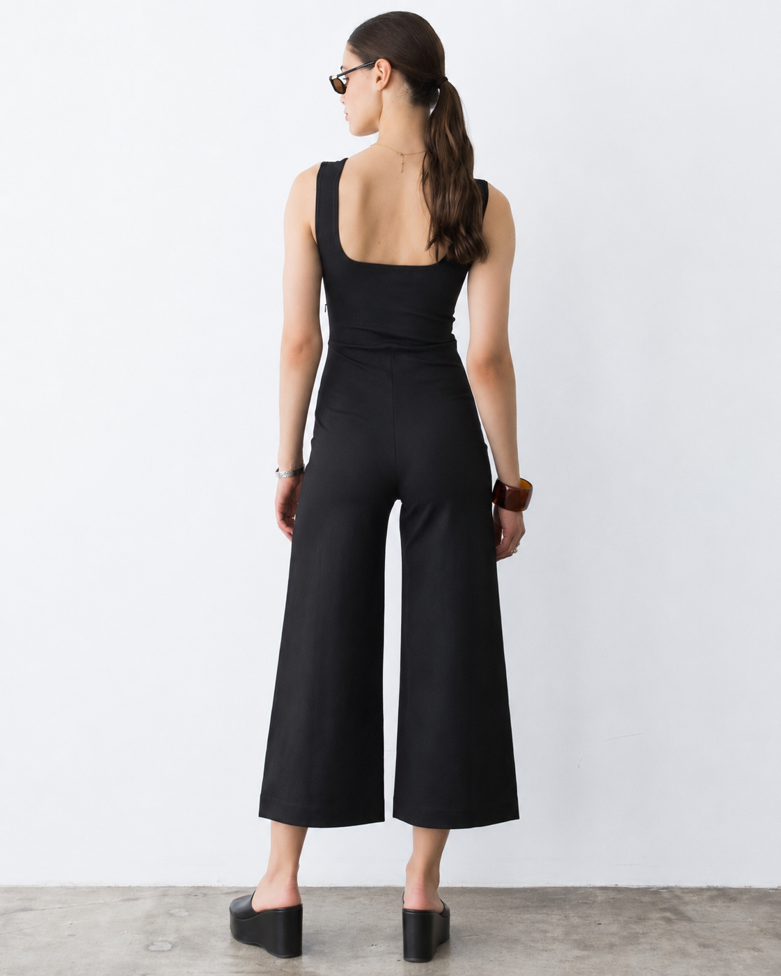 Black Ponte Knit Tank Wide Leg Jumpsuit: Cropped