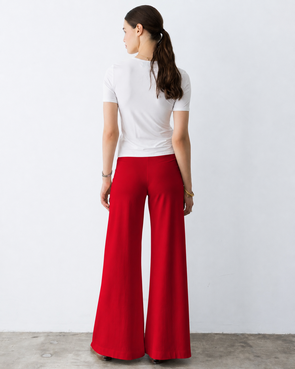 Red Ponte Knit Standard Wide Leg Pant