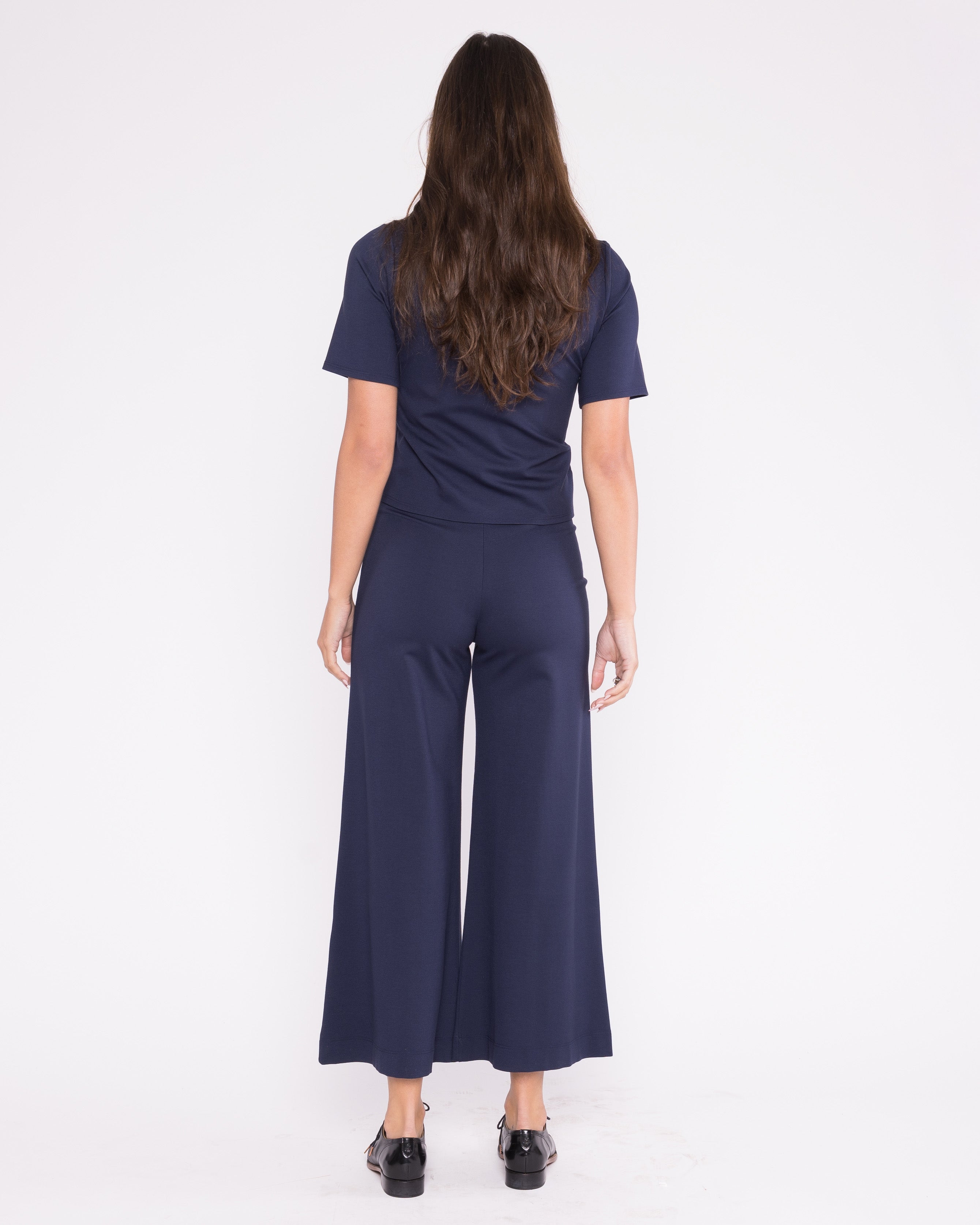 Navy Ponte Knit Cropped Wide Leg Pant