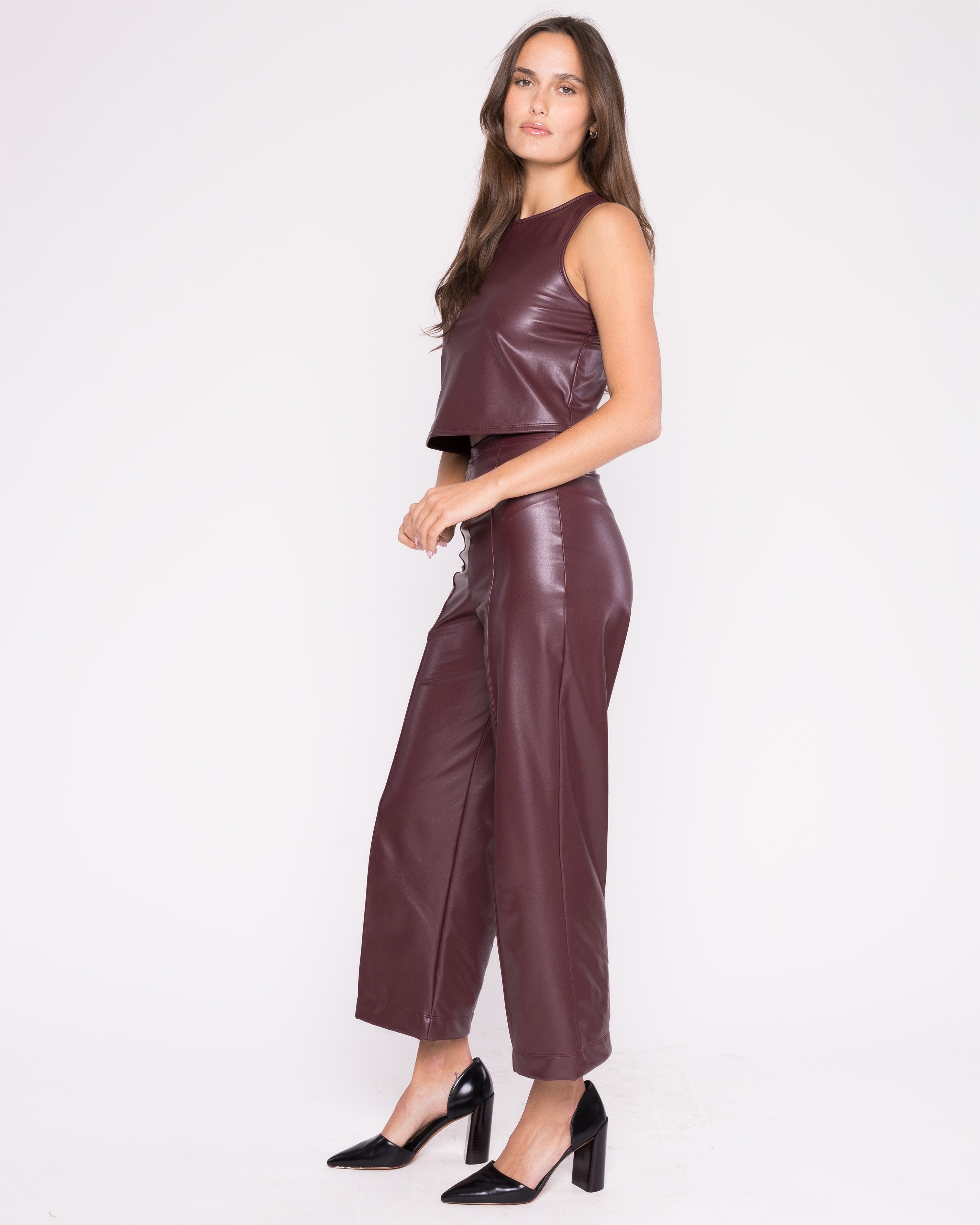 Oxblood Vegan Leather Straight Leg Pant: Cropped