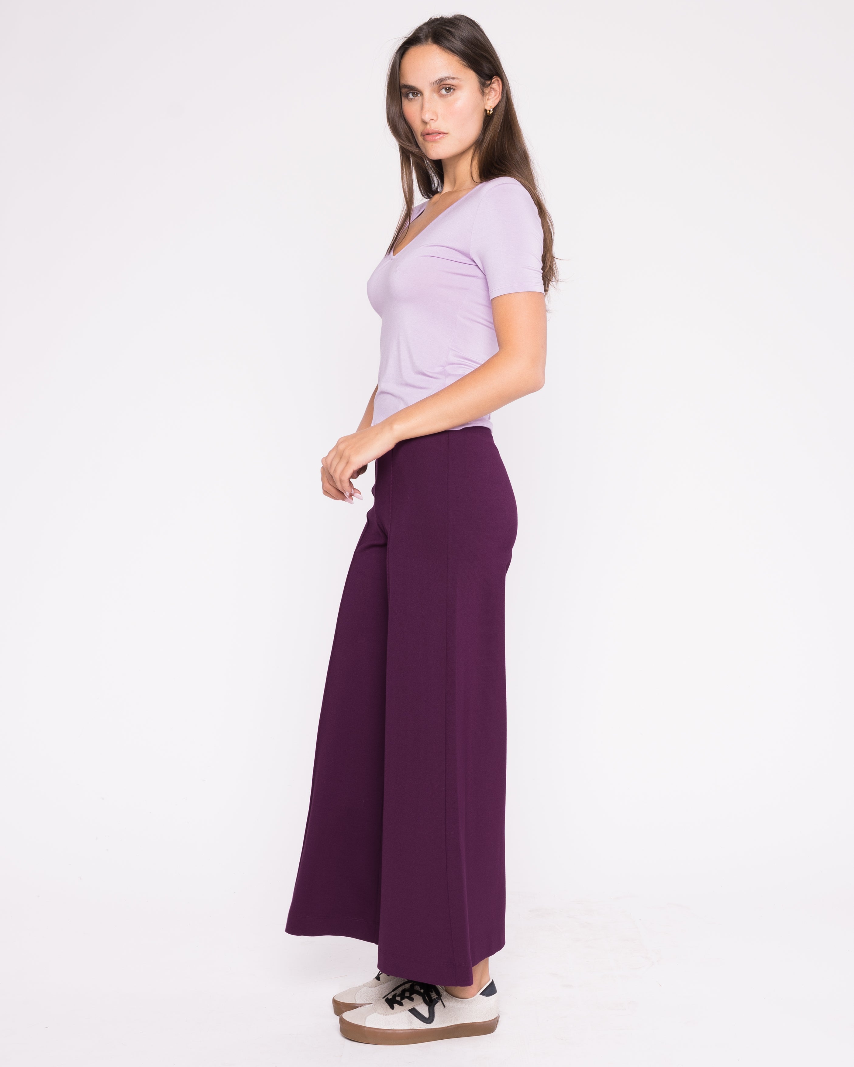 Plum Ponte Knit Cropped Wide Leg Pant
