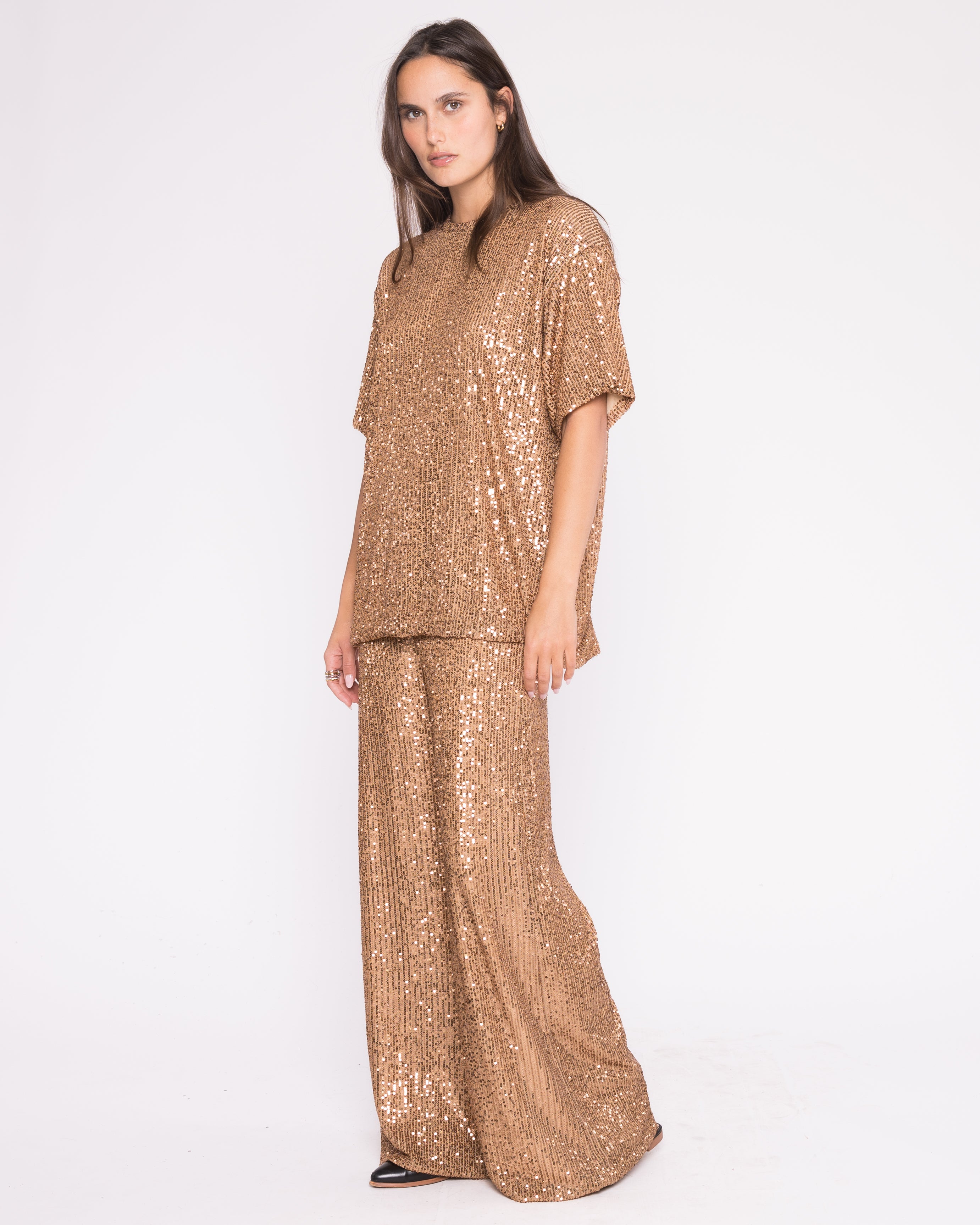 Champagne Textured Sequin Wide Leg Pant