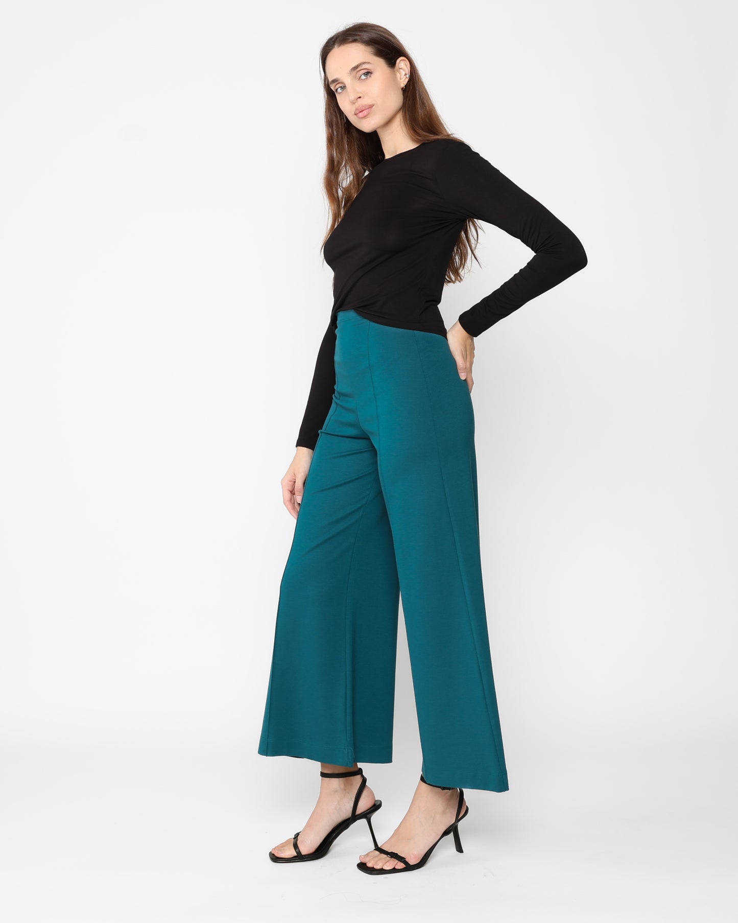 Teal Ponte Knit Wide Leg Pant: Cropped