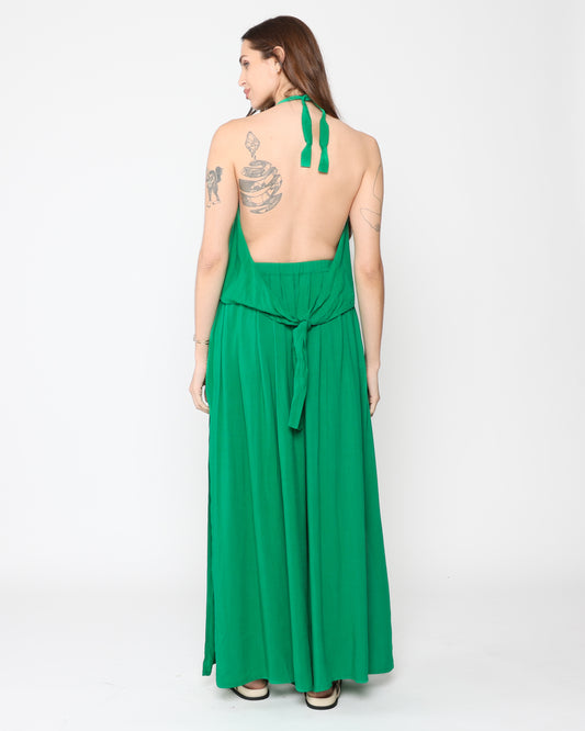 Kelly Green Linen Blend Tie Back Halter Top