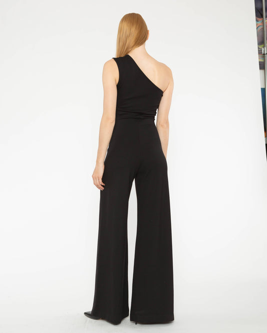Black One Shoulder Ponte Knit Wide Leg Jumpsuit