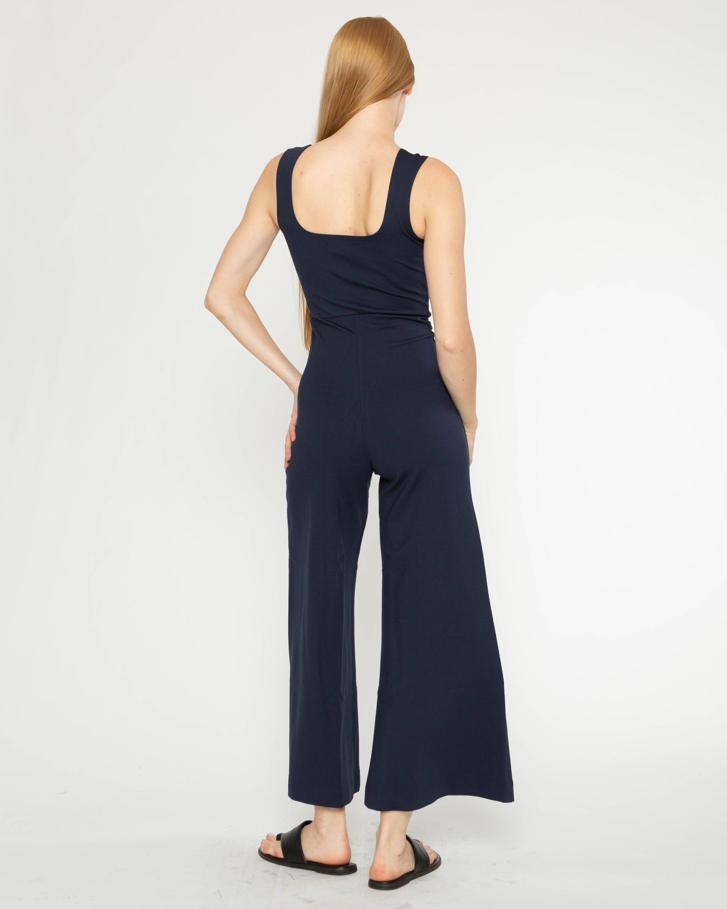 Navy Ponte Knit Tank Wide Leg Jumpsuit: Cropped