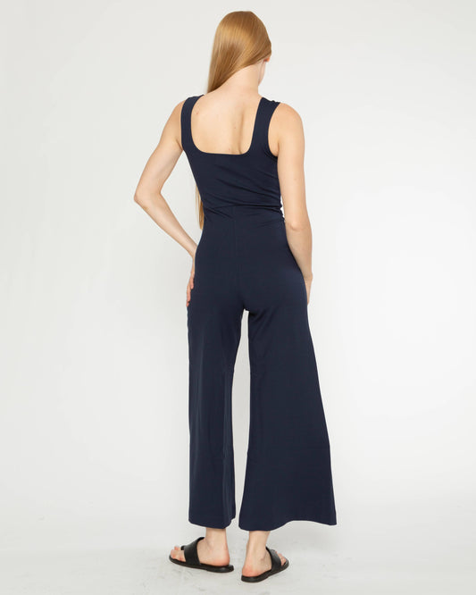 Navy Ponte Knit Tank Wide Leg Jumpsuit: Cropped