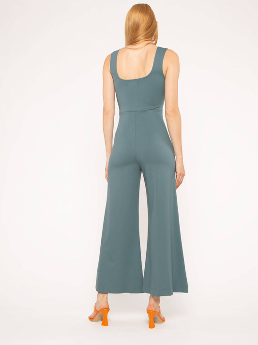 Sea Blue Ponte Knit Tank Wide Leg Jumpsuit: Cropped