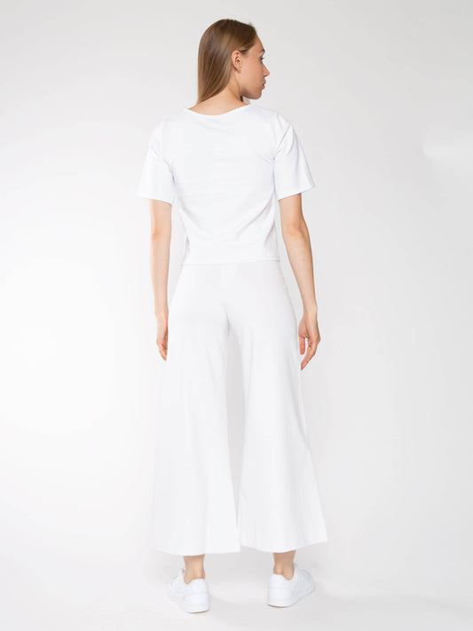 White Ponte Knit Wide Leg Pant: Cropped