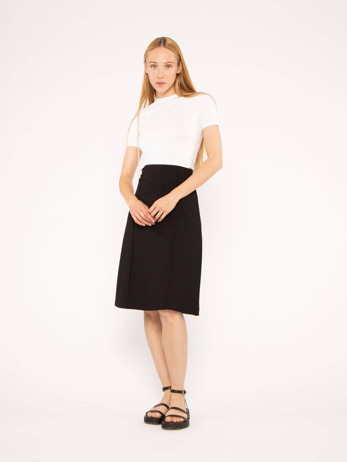 Black Ponte Knit A-Line Midi Skirt