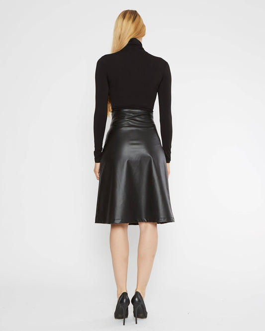 Black Vegan Leather A-Line Midi Skirt