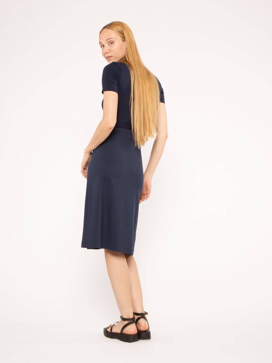 Navy Ponte Knit A-Line Midi Skirt