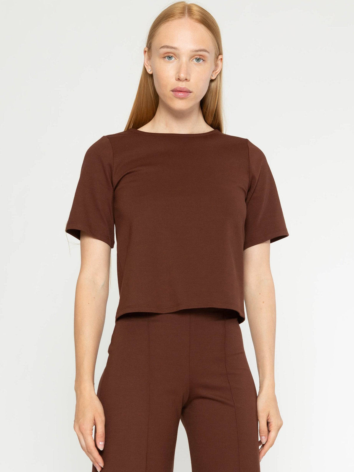 Chocolate Ponte Knit Short Sleeve Top Extended