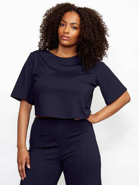 Navy Ponte Knit Short Sleeve Top