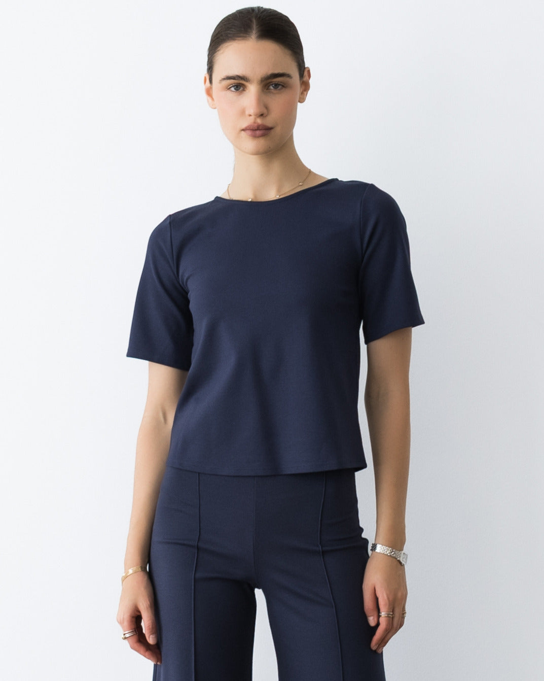 Navy Ponte Knit Extended Short Sleeve Top