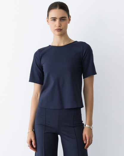 Navy Ponte Knit Extended Short Sleeve Top
