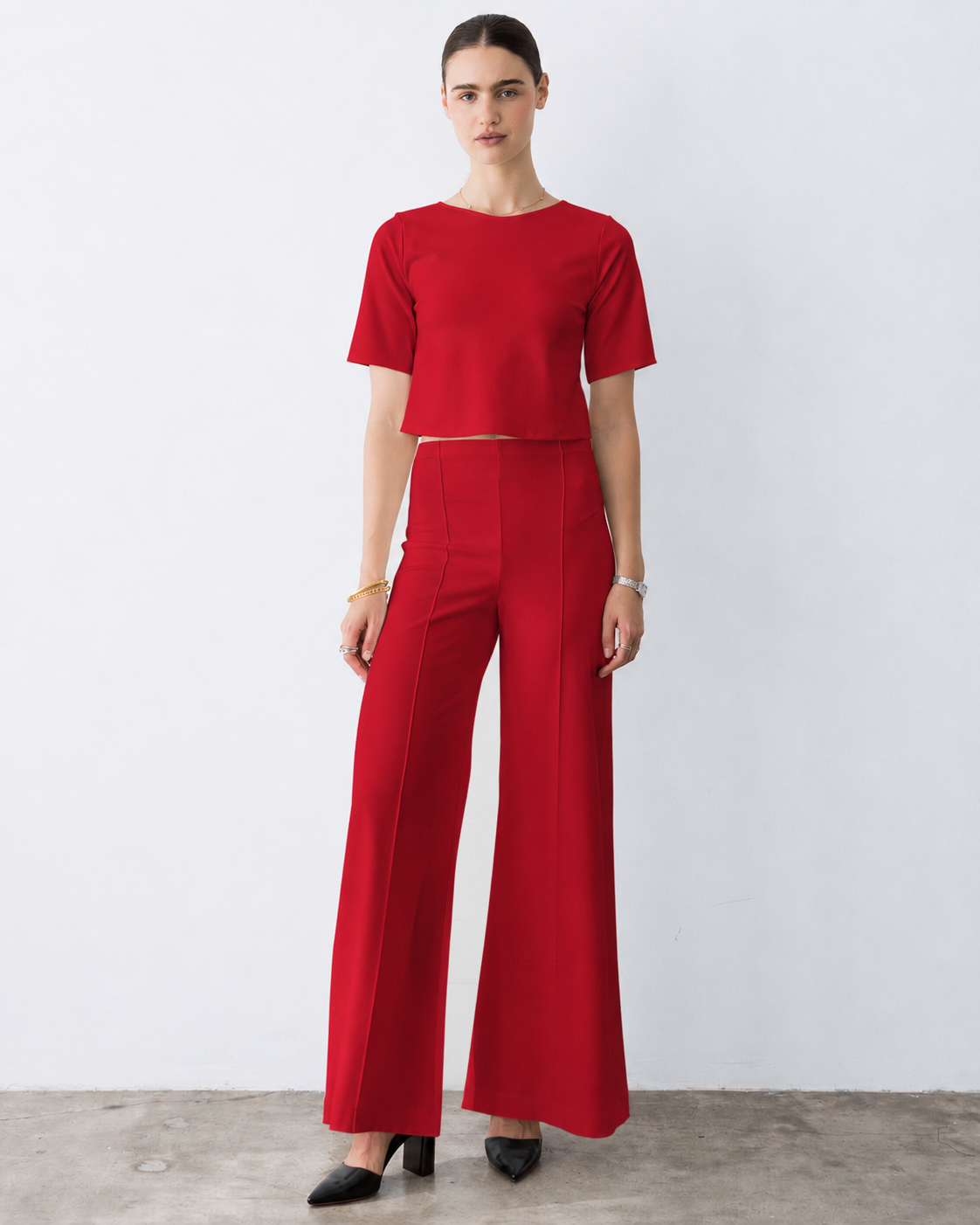 Red Ponte Knit Long Wide Leg Pant