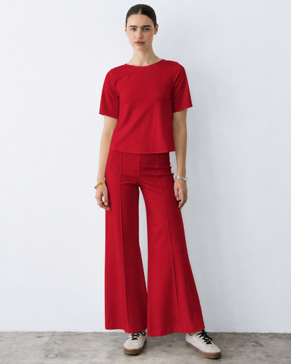 Red Ponte Knit Wide Leg Pant: Cropped