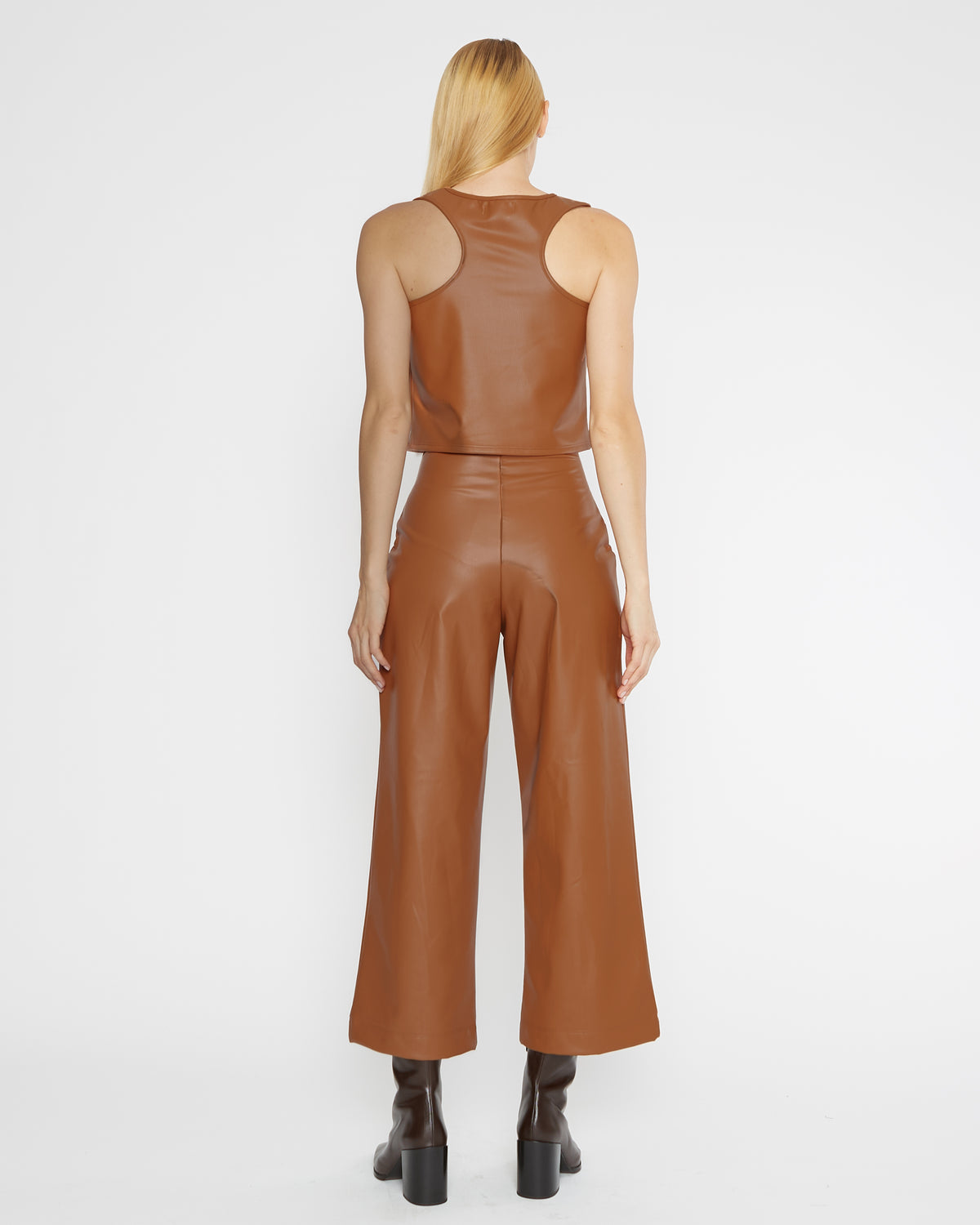 Camel Vegan Leather Straight Leg Pant: Cropped