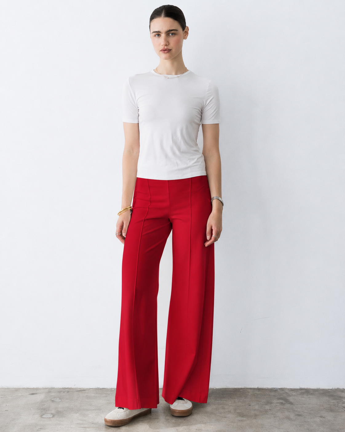 Red Ponte Knit Standard Wide Leg Pant