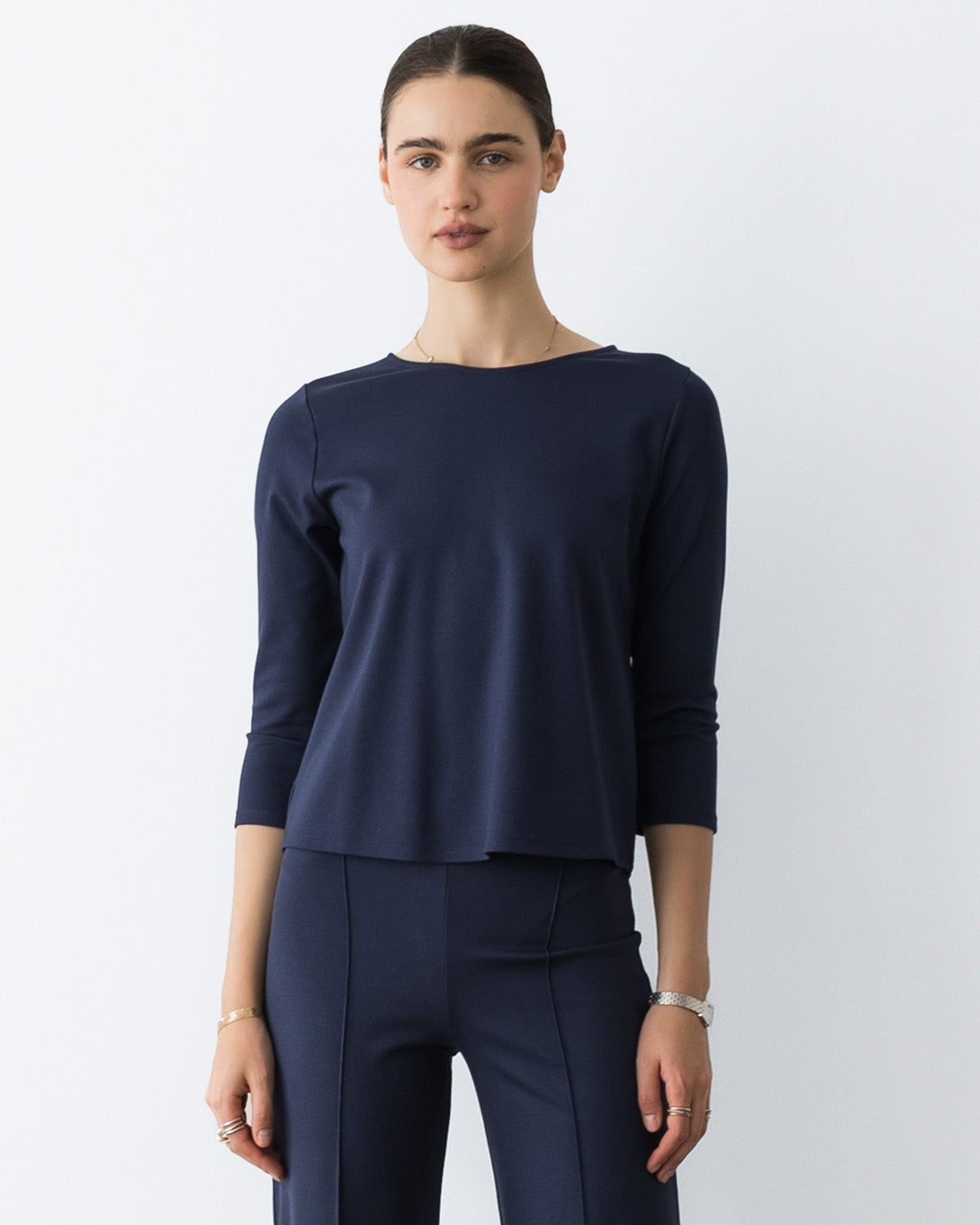 Navy Ponte Knit 3/4 Sleeve Top