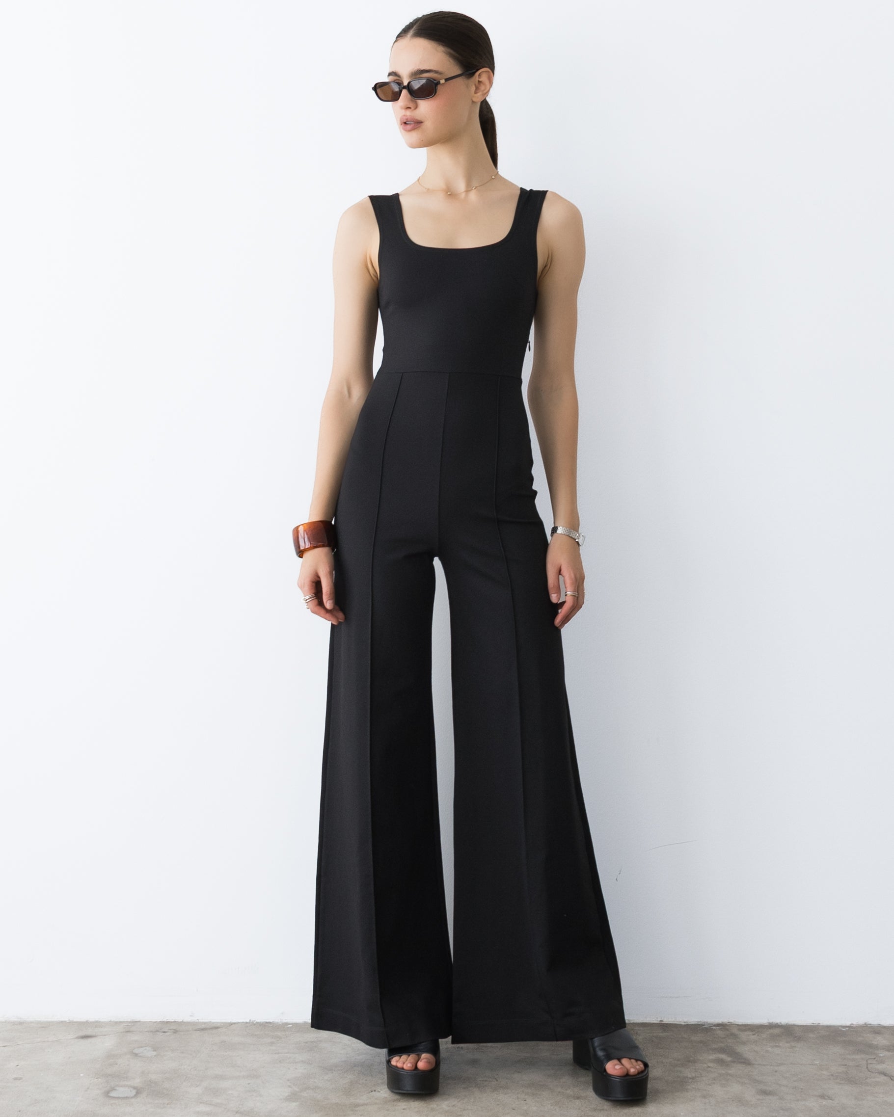 Black Ponte Knit Tank Wide Leg Jumpsuit