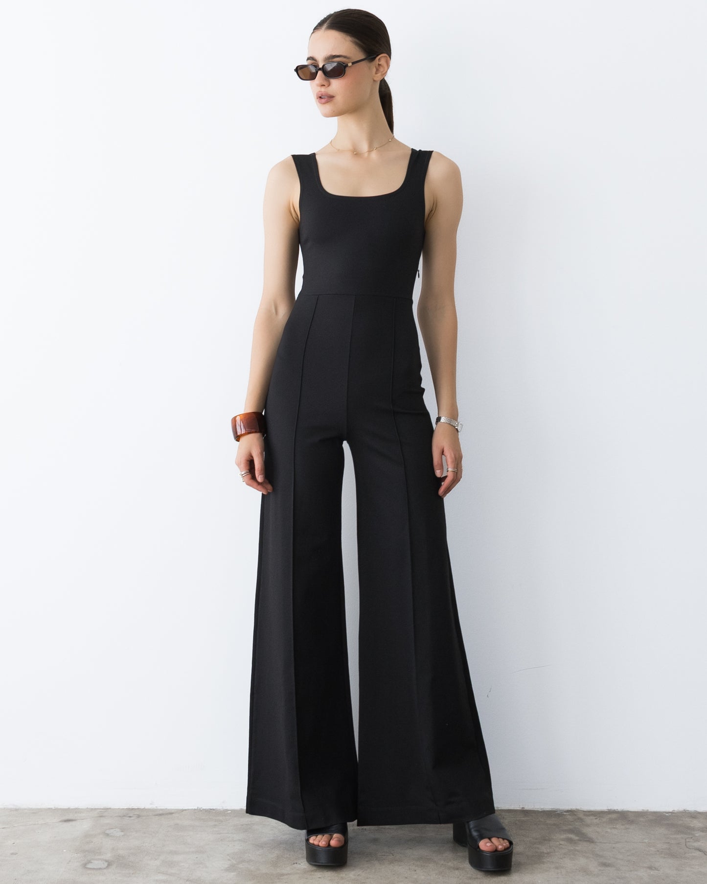 Black Ponte Knit Tank Wide Leg Jumpsuit