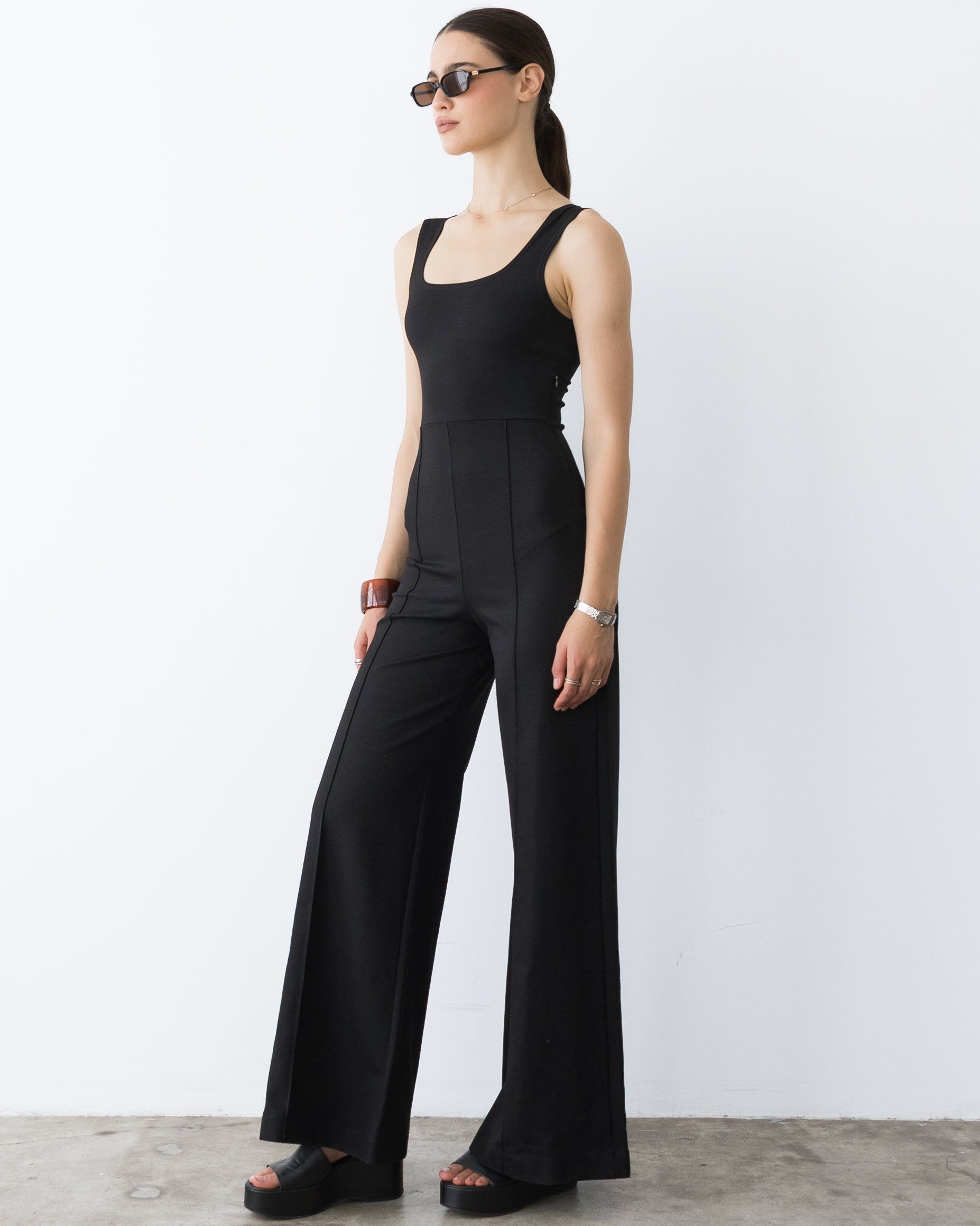 Black Ponte Knit Tank Wide Leg Jumpsuit