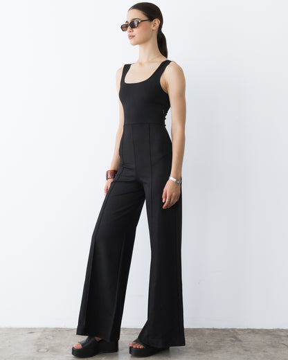 Black Ponte Knit Tank Wide Leg Jumpsuit