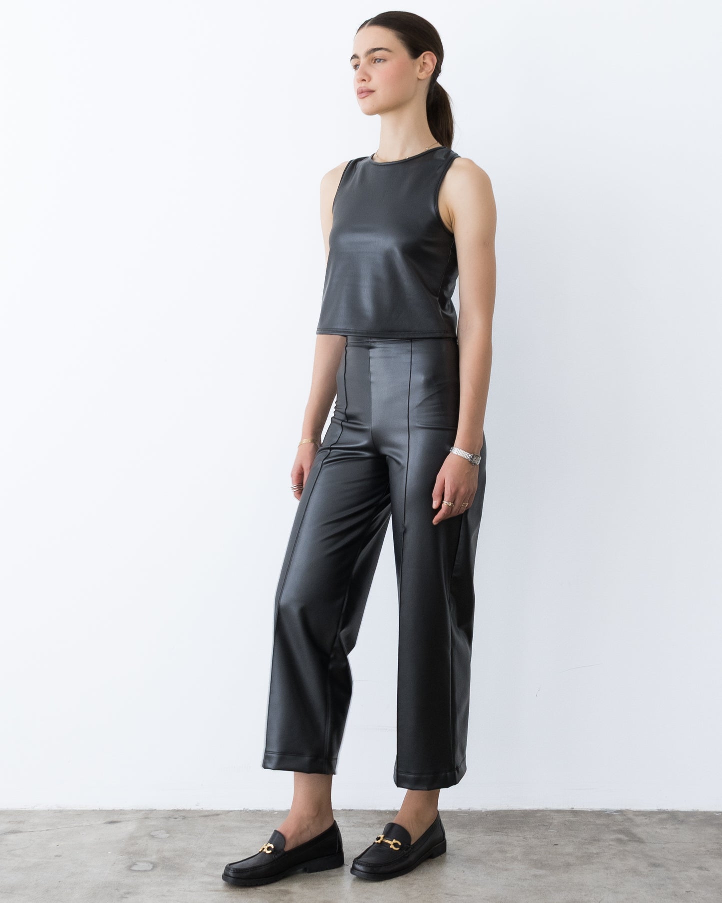 Black Vegan Leather Cropped Straight Leg Pant