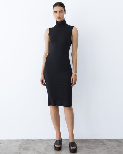 Women's Turtleneck Midi Dress, Stretch Fabric, Day to Night Versatile, Machine Washable, Black, Size L, Deep Pockets, Flattering Fit, Ripley Rader