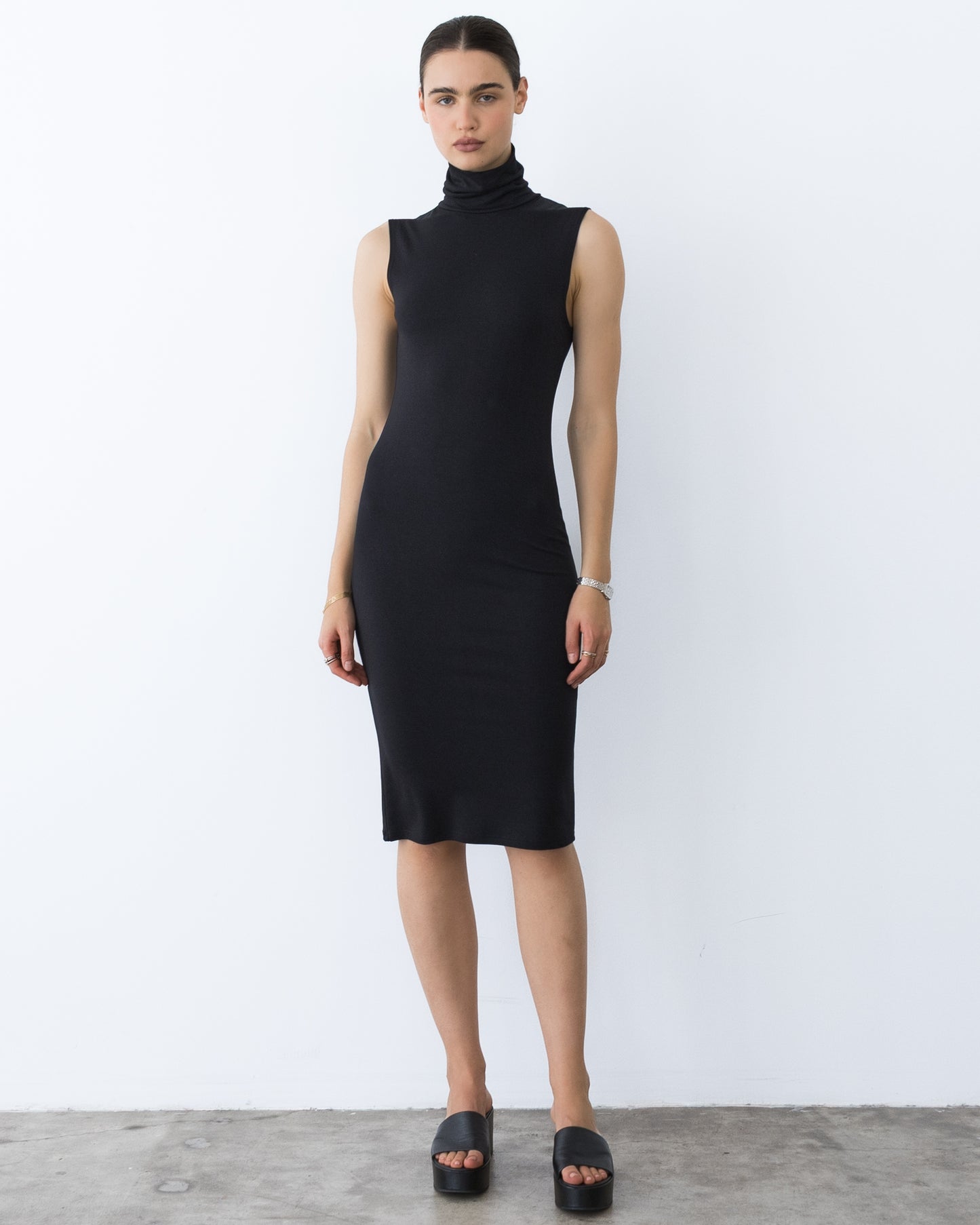 Black Jersey Tank Midi Turtleneck Dress
