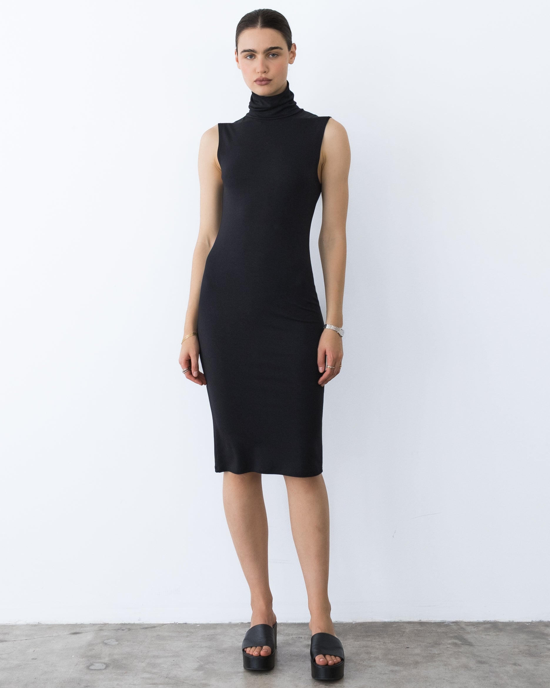 Women's Turtleneck Midi Dress, Stretch Fabric, Day to Night Versatile, Machine Washable, Black, Size L, Deep Pockets, Flattering Fit, Ripley Rader