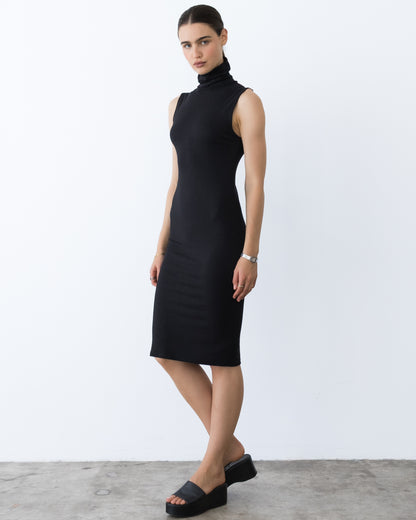 Women's Turtleneck Midi Dress, Stretch Fabric, Day to Night Versatile, Machine Washable, Black, Size L, Deep Pockets, Flattering Fit, Ripley Rader