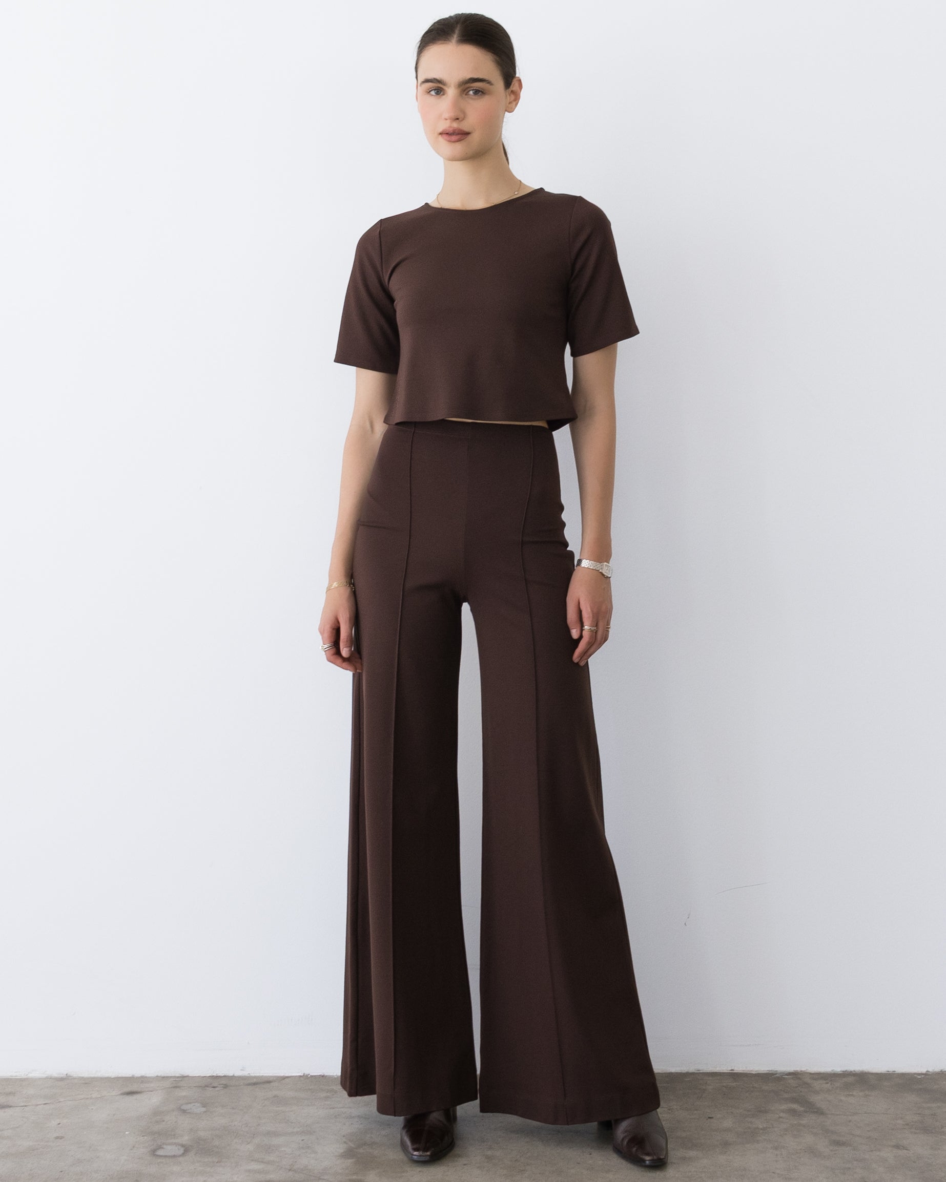 Chocolate Ponte Knit Long Wide Leg Pant