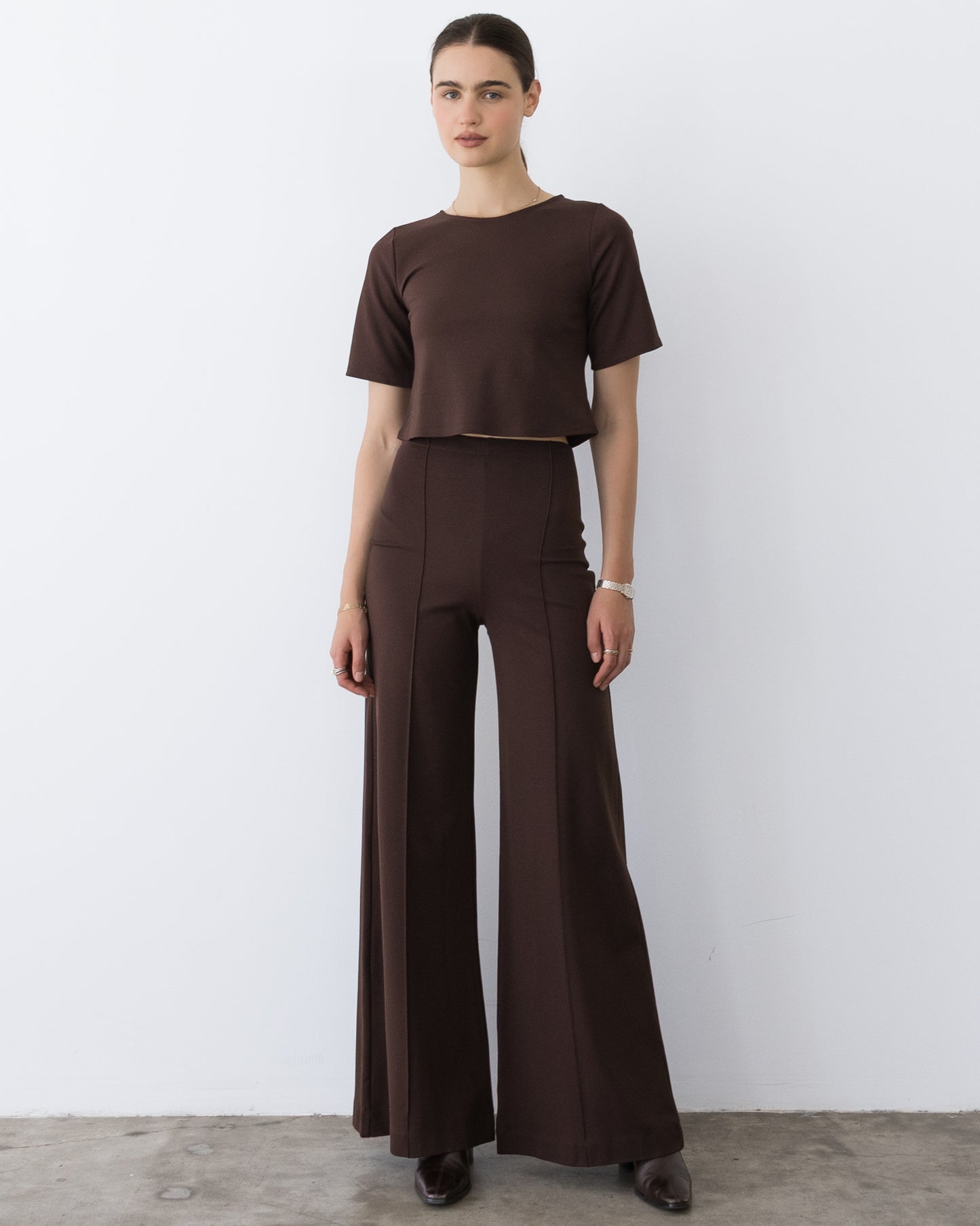 Chocolate Ponte Knit Long Wide Leg Pant