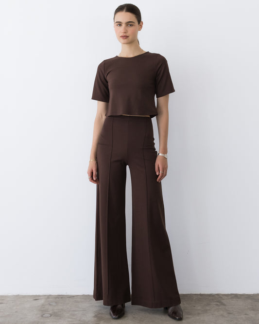 Chocolate Ponte Knit Long Wide Leg Pant