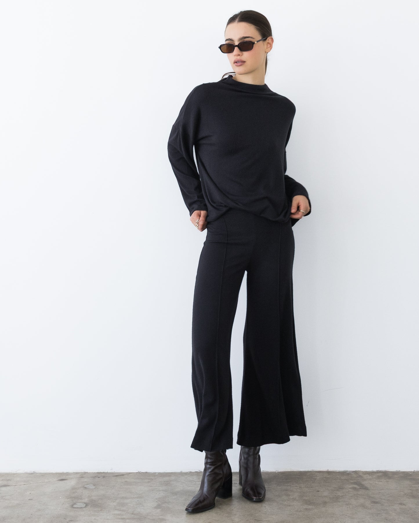 Black Sweater Knit Cropped Wide Leg Pant