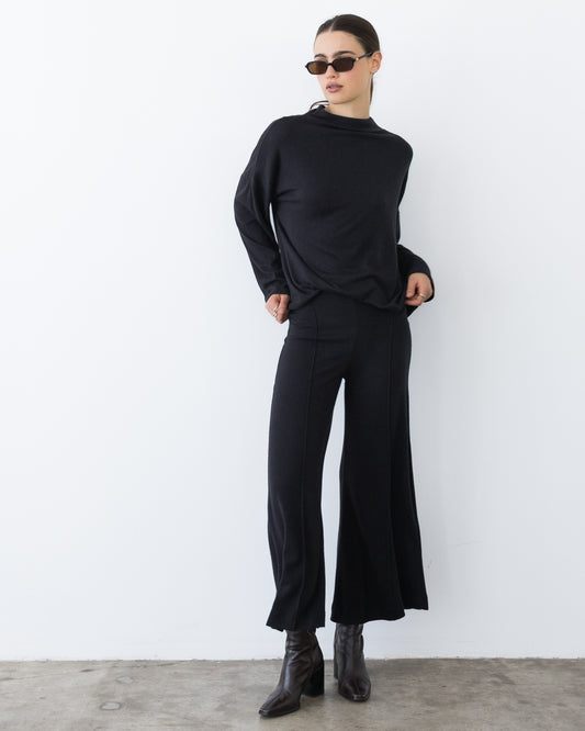 Black Sweater Knit Cropped Wide Leg Pant