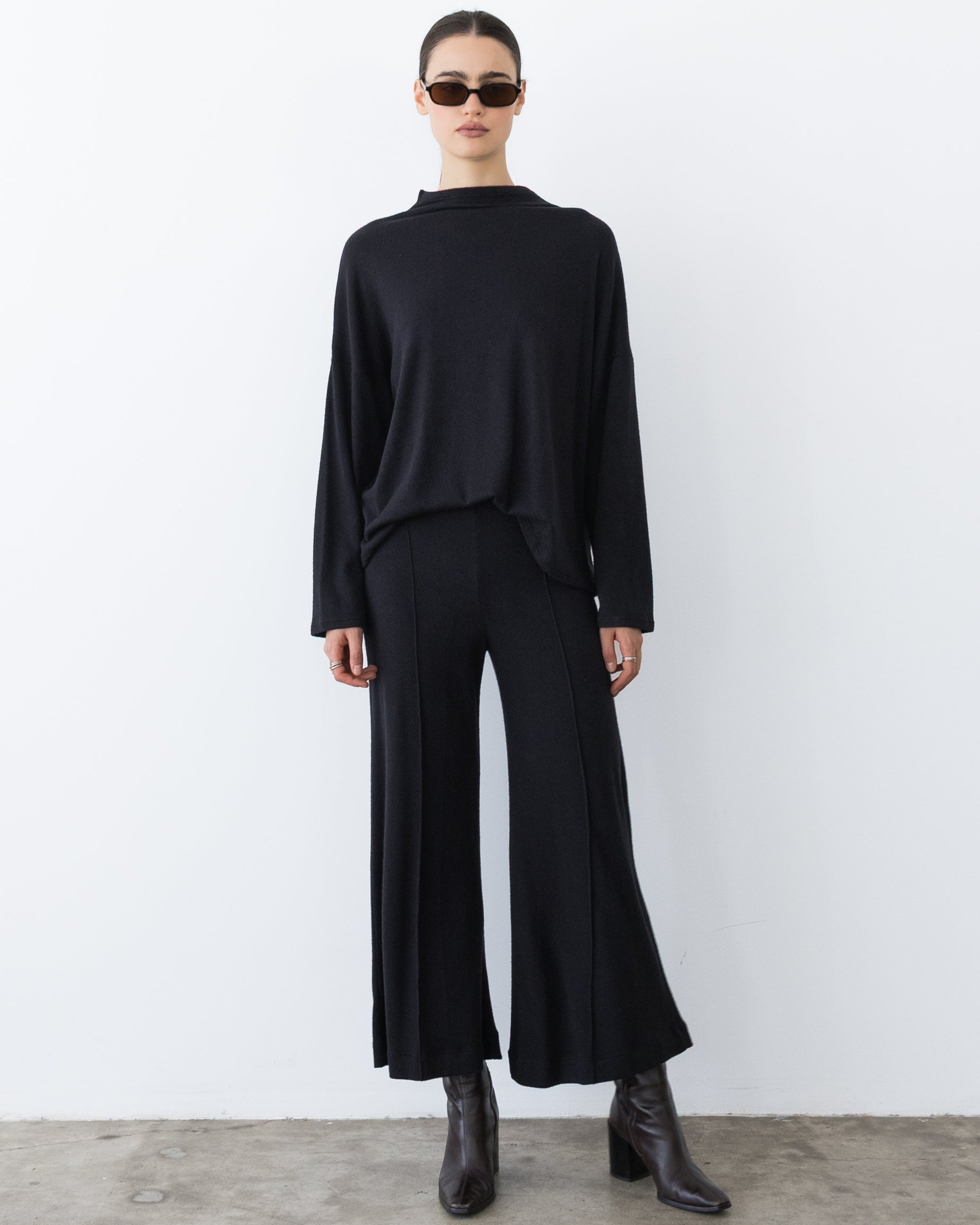 Black Sweater Knit Cropped Wide Leg Pant