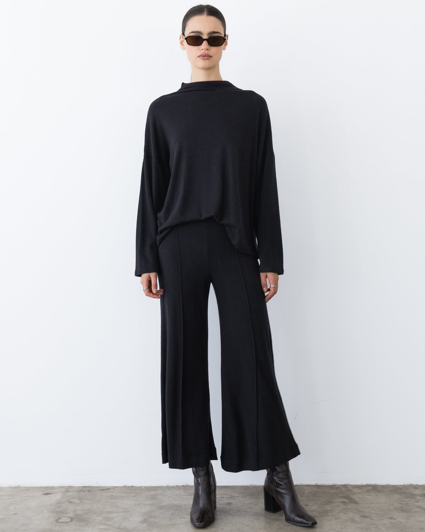 Black Sweater Knit Cropped Wide Leg Pant