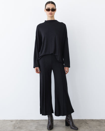 Black Sweater Knit Cropped Wide Leg Pant