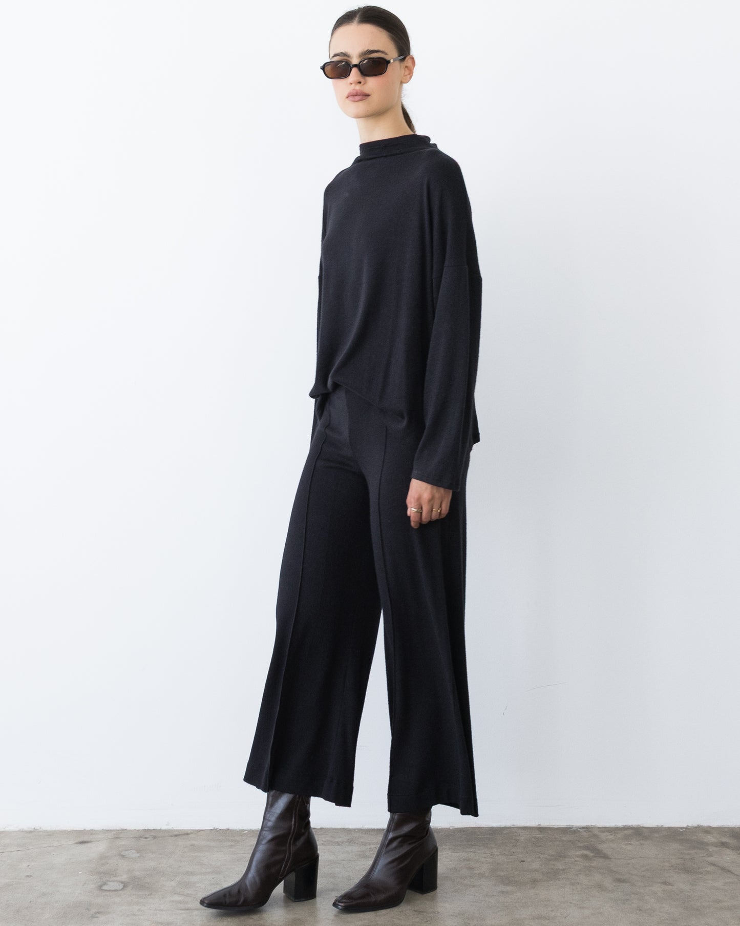Black Sweater Knit Funnel Neck Top