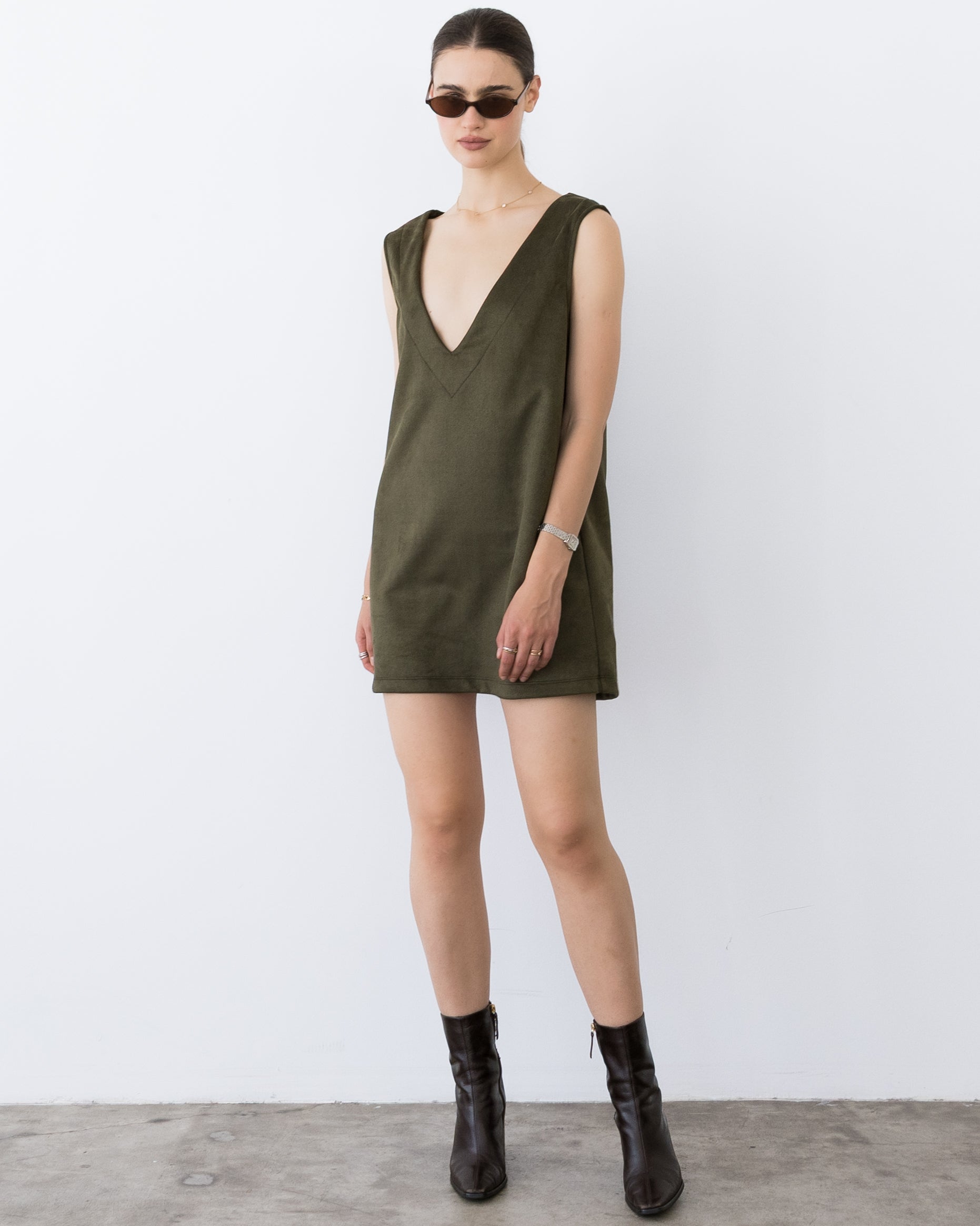 Olive Stretch Suede Party Dress