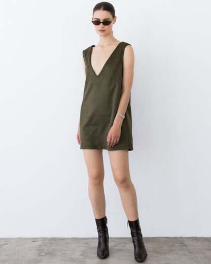 Olive Stretch Suede Party Dress